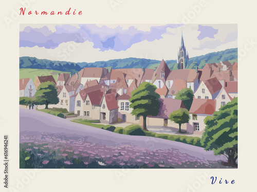 Vire: Postcard design with a scene in France and the city name Vire