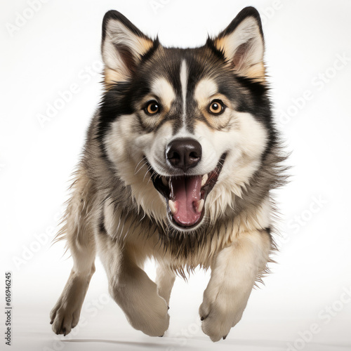 A Siberian Husky  Canis lupus familiaris  with dichromatic eyes in a running pose.