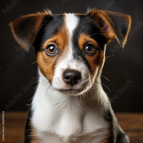 A cute Jack Russell puppy (Canis lupus familiaris) sitting and begging with puppy eyes.