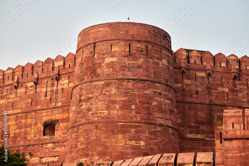 Walls of Agra red fort in India, view from main entrance Amar Singh Gate to beautiful ancient building, red fort in Agra built of red sandstone, Lal Qila historical ancient building photo