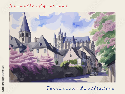 Terrasson-Lavilledieu: Postcard design with a scene in France and the city name Terrasson-Lavilledieu