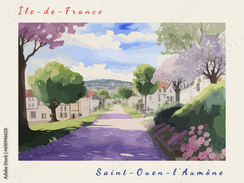 Saint-Ouen-l’Aumône: Postcard design with a scene in France and the city name Saint-Ouen-l’Aumône