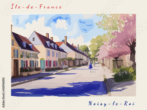 Noisy-le-Roi: Postcard design with a scene in France and the city name Noisy-le-Roi