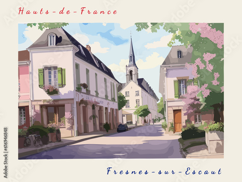 Fresnes-sur-Escaut: Postcard design with a scene in France and the city name Fresnes-sur-Escaut