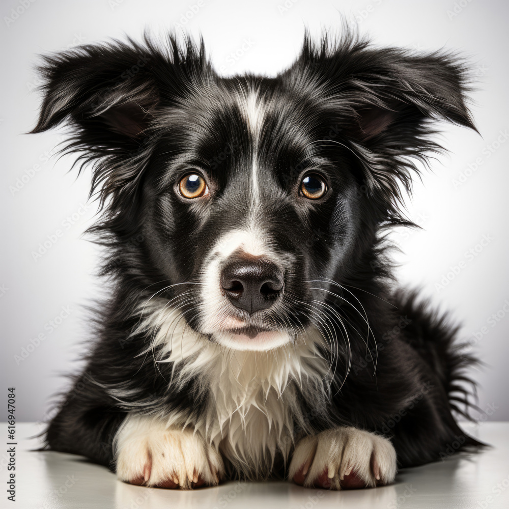 A Border Collie (Canis lupus familiaris) with fascinating dichromatic eyes lying down.