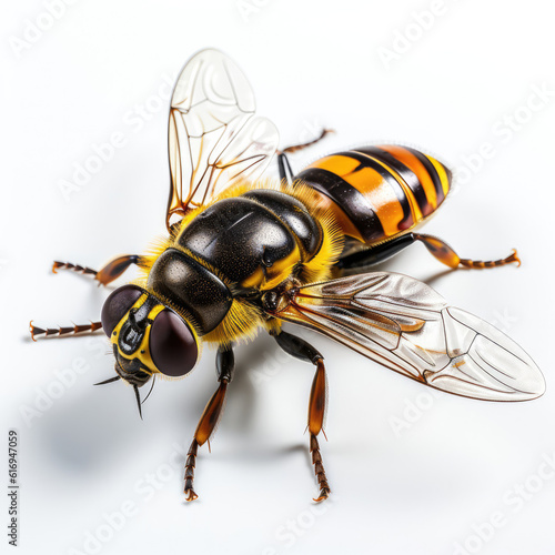 A beautiful macro shot of a hoverfly (Syrphidae) displaying its distinct markings and transparent wings.