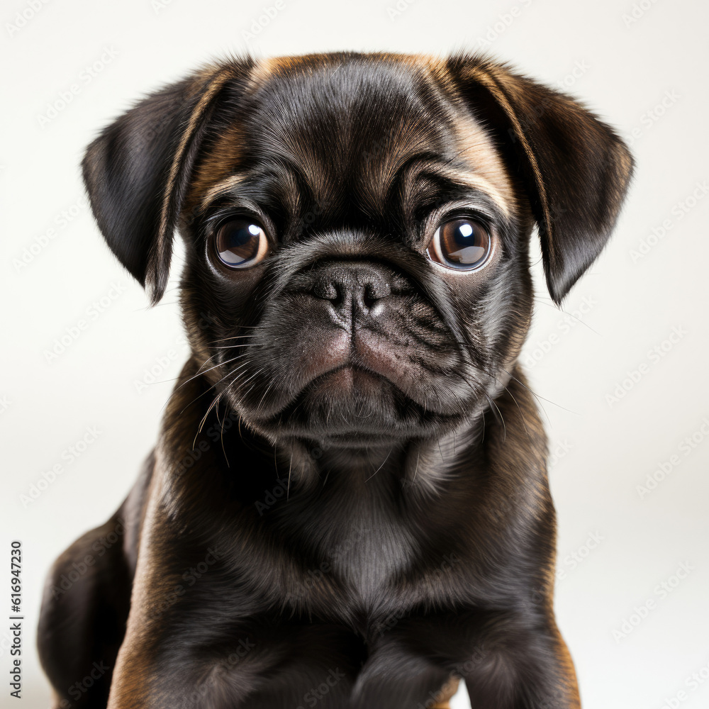 A cute Pug puppy (Canis lupus familiaris) sitting and begging with puppy eyes.