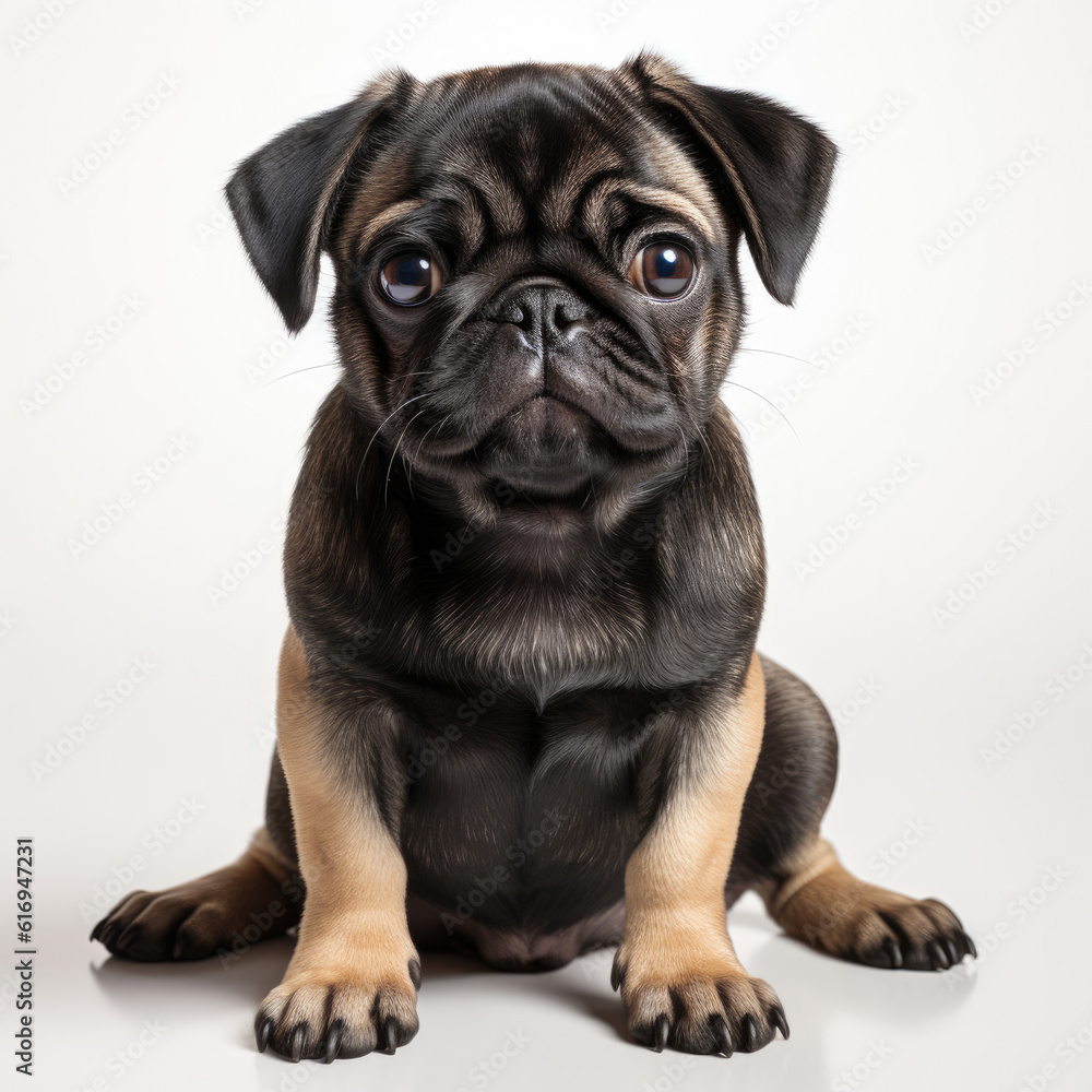 A cute Pug puppy (Canis lupus familiaris) sitting and begging with puppy eyes.