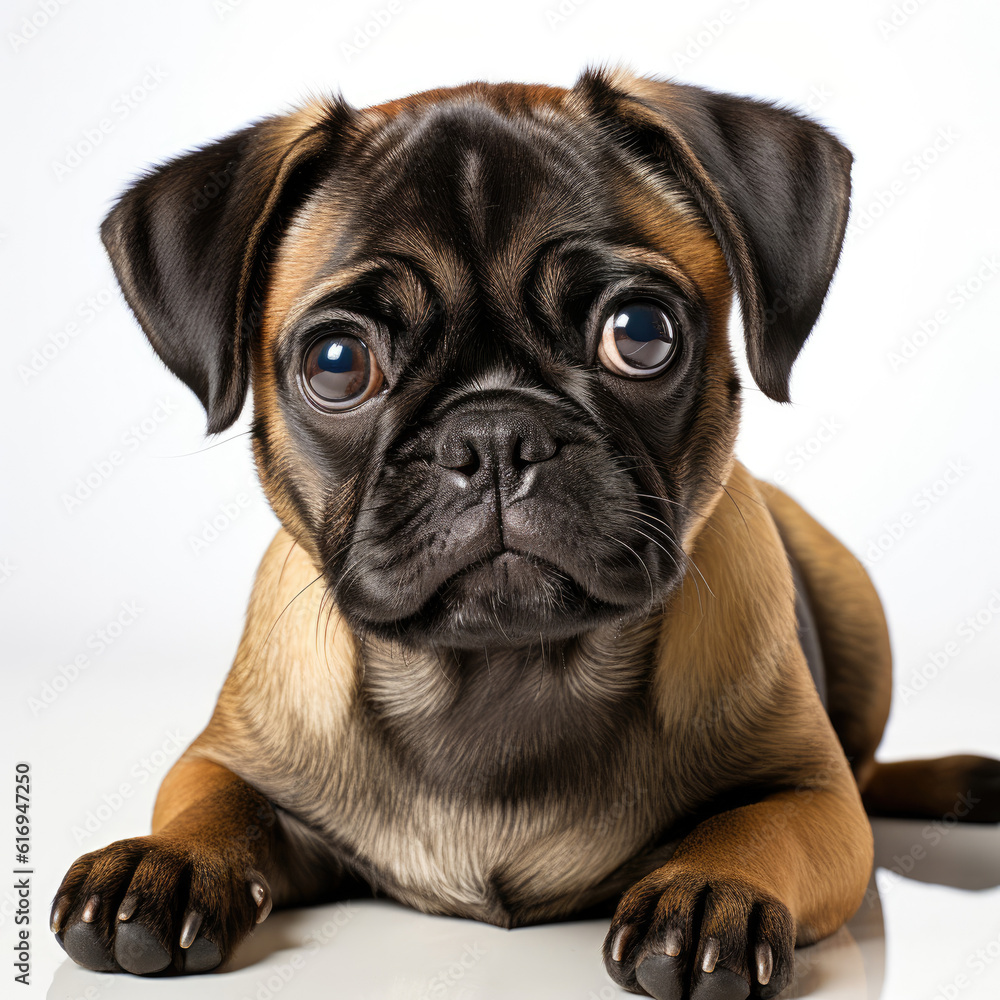 A cute Pug puppy (Canis lupus familiaris) sitting and begging with puppy eyes.