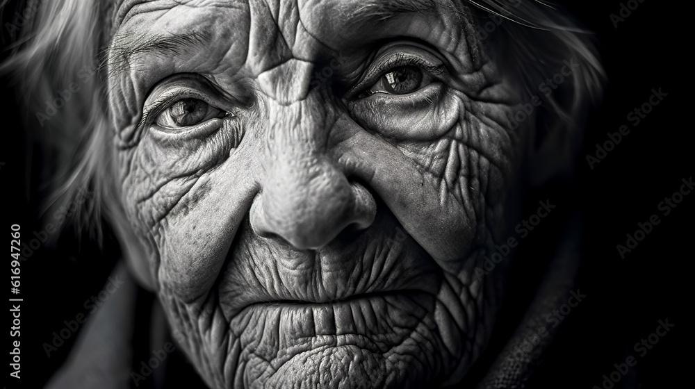 the concept of old people, a portrait of a grandmother with a wrinkled face, monochrome made with Generative AI the concept of old people, a portrait of a grandmother with a wrinkled face, monochrome made with Generative AI
