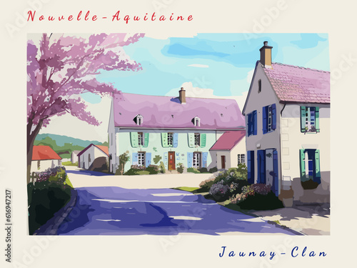 Jaunay-Clan: Postcard design with a scene in France and the city name Jaunay-Clan