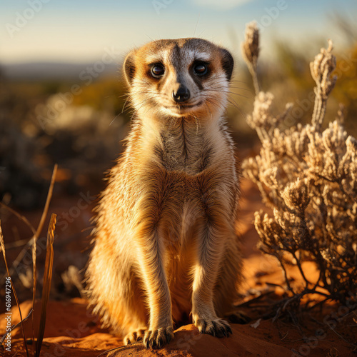 An alert meerkat (Suricata suricatta) standing upright in a grassland colony. Taken with a professional camera and lens. © blueringmedia