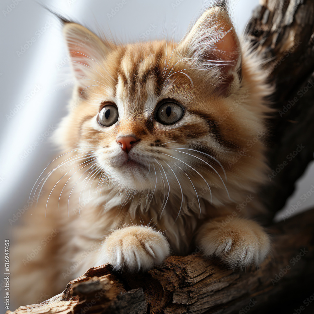 An adventurous Siberian Forest Cat kitten (Felis catus) climbing a cat tree. An adventurous Siberian Forest Cat kitten (Felis catus) climbing a cat tree.