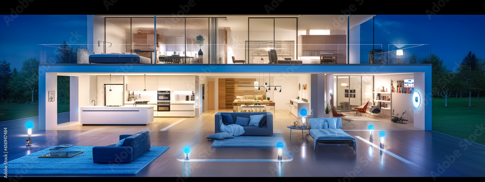 smart home using modern technology, remotely monitoring, banner made with Generative AI