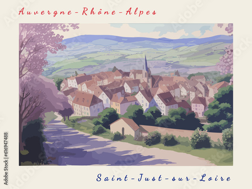 Saint-Just-sur-Loire: Postcard design with a scene in France and the city name Saint-Just-sur-Loire