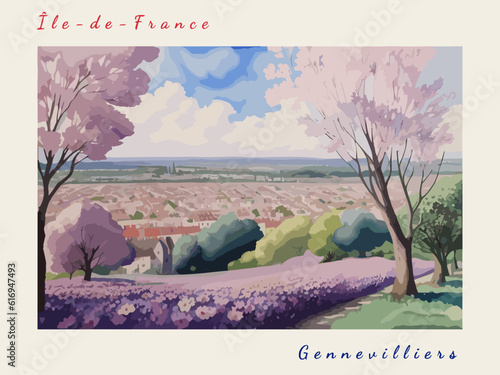 Gennevilliers: Postcard design with a scene in France and the city name Gennevilliers