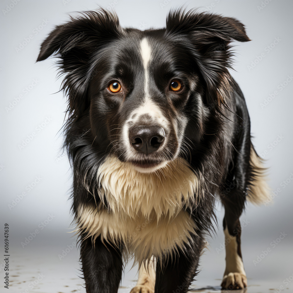 A Border Collie (Canis lupus familiaris) with dichromatic eyes in a walking pose.