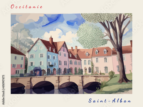 Saint-Alban: Postcard design with a scene in France and the city name Saint-Alban