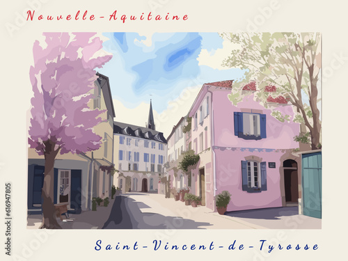 Saint-Vincent-de-Tyrosse: Postcard design with a scene in France and the city name Saint-Vincent-de-Tyrosse