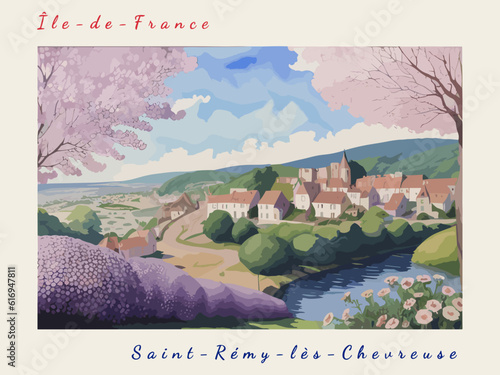 Saint-Rémy-lès-Chevreuse: Postcard design with a scene in France and the city name Saint-Rémy-lès-Chevreuse