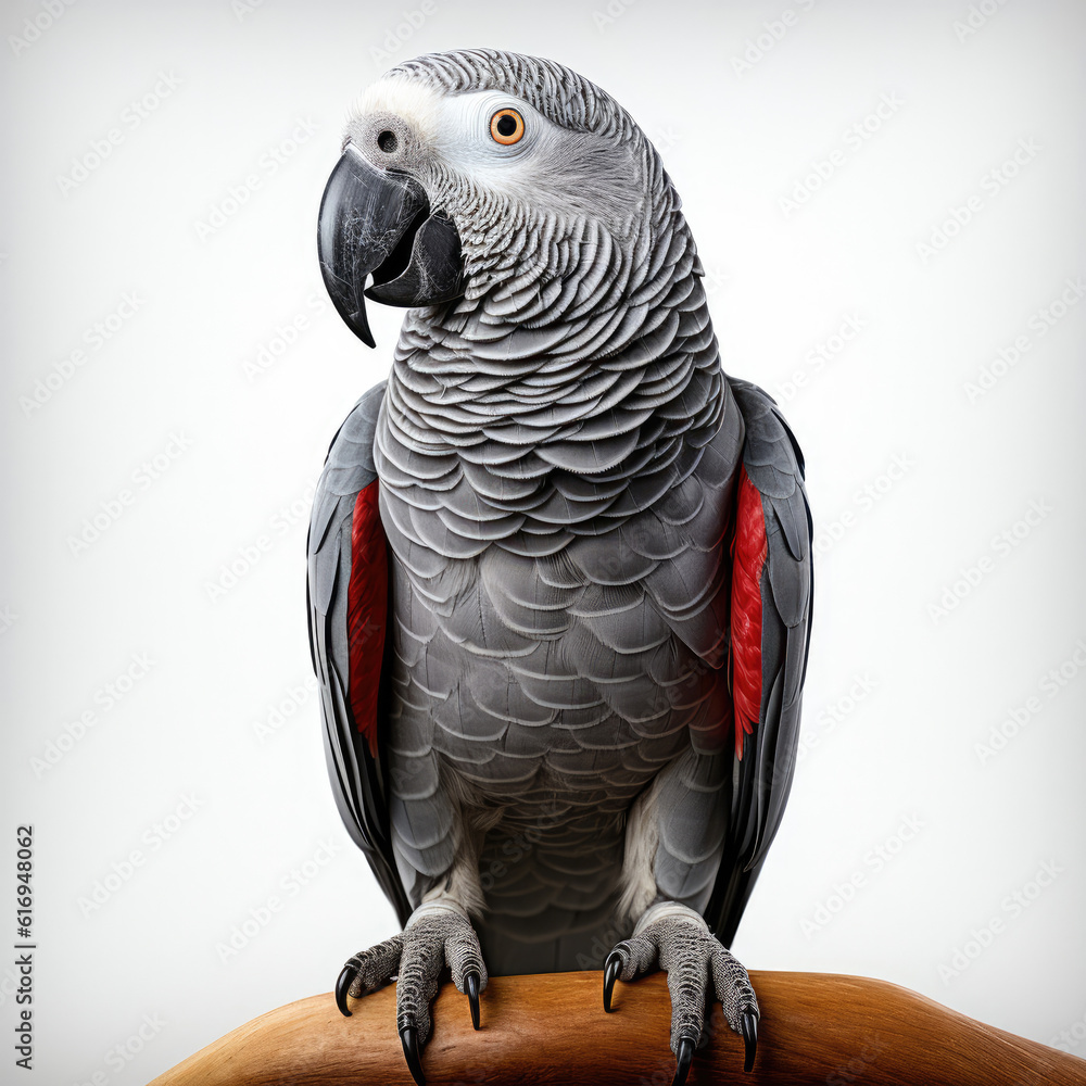 Fototapeta premium An exotic African Grey Parrot (Psittacus erithacus) perched majestically.