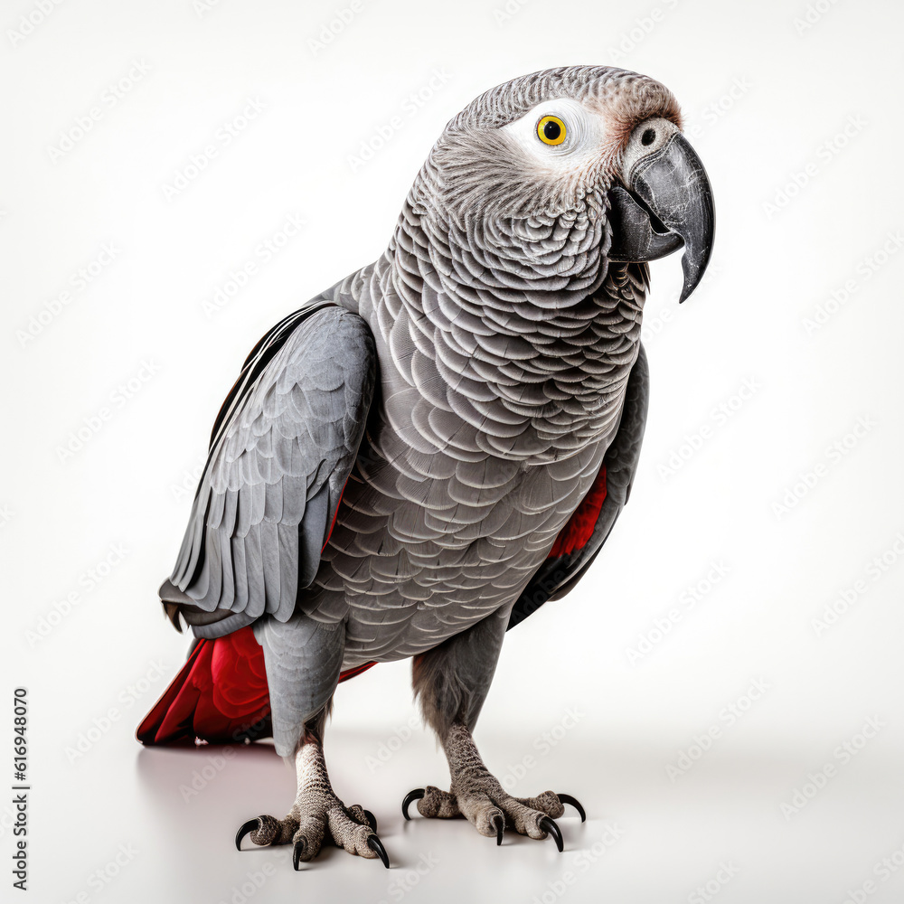Fototapeta premium An exotic African Grey Parrot (Psittacus erithacus) perched majestically.