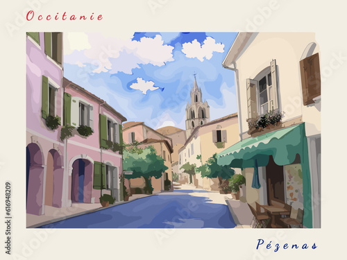 Pézenas: Postcard design with a scene in France and the city name Pézenas