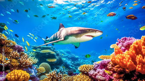 big shark in ocean waters, underwater colorful world with predator, made with Generative AI © edojob