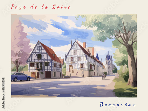 Beaupréau: Postcard design with a scene in France and the city name Beaupréau