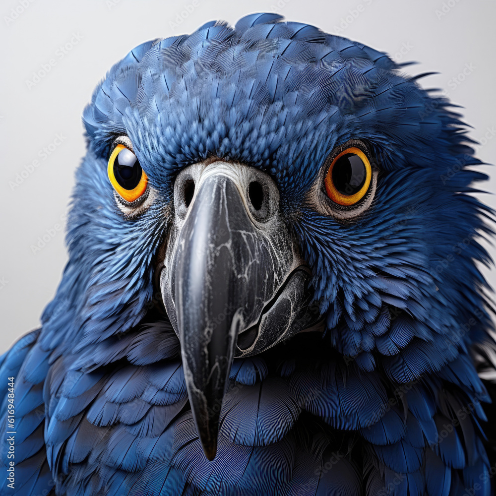 Obraz premium A gorgeous closeup shot of a Hyacinth Macaw (Anodorhynchus hyacinthinus) highlighting its high detail feathers and striking blue color.