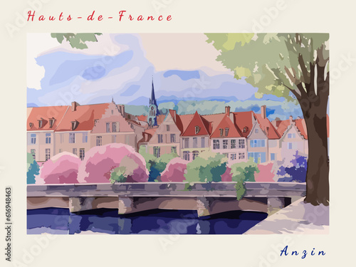 Anzin: Postcard design with a scene in France and the city name Anzin