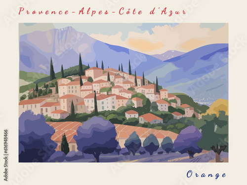 Orange: Postcard design with a scene in France and the city name Orange