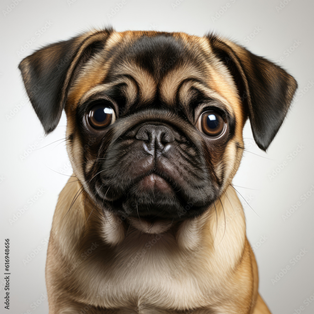 A curious Pug puppy (Canis lupus familiaris) standing with an inquisitive look.
