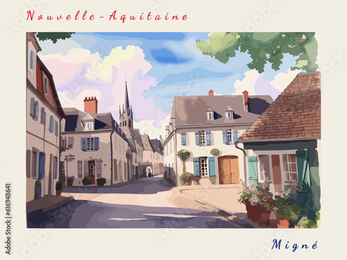 Migné: Postcard design with a scene in France and the city name Migné