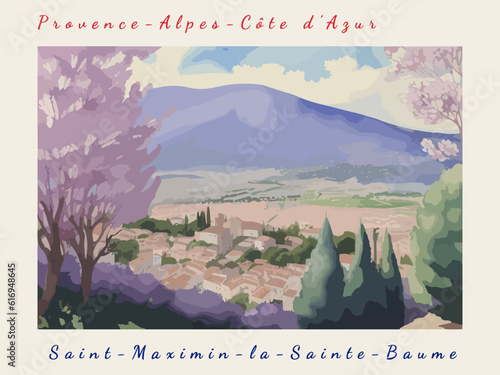 Saint-Maximin-la-Sainte-Baume: Postcard design with a scene in France and the city name Saint-Maximin-la-Sainte-Baume