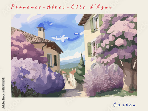 Contes: Postcard design with a scene in France and the city name Contes