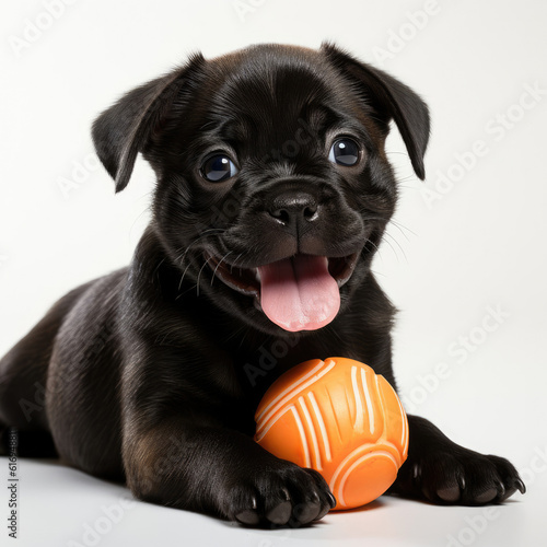 A mischievous Pug puppy (Canis lupus familiaris) happily chewing on a toy. photo