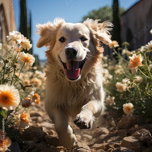 A playful puppy (Canis lupus familiaris) running through a sunlit garden in Tuscany, filled with vibrant flowers and lush greenery.