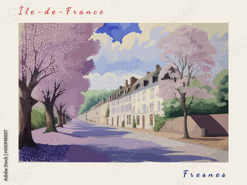 Fresnes: Postcard design with a scene in France and the city name Fresnes