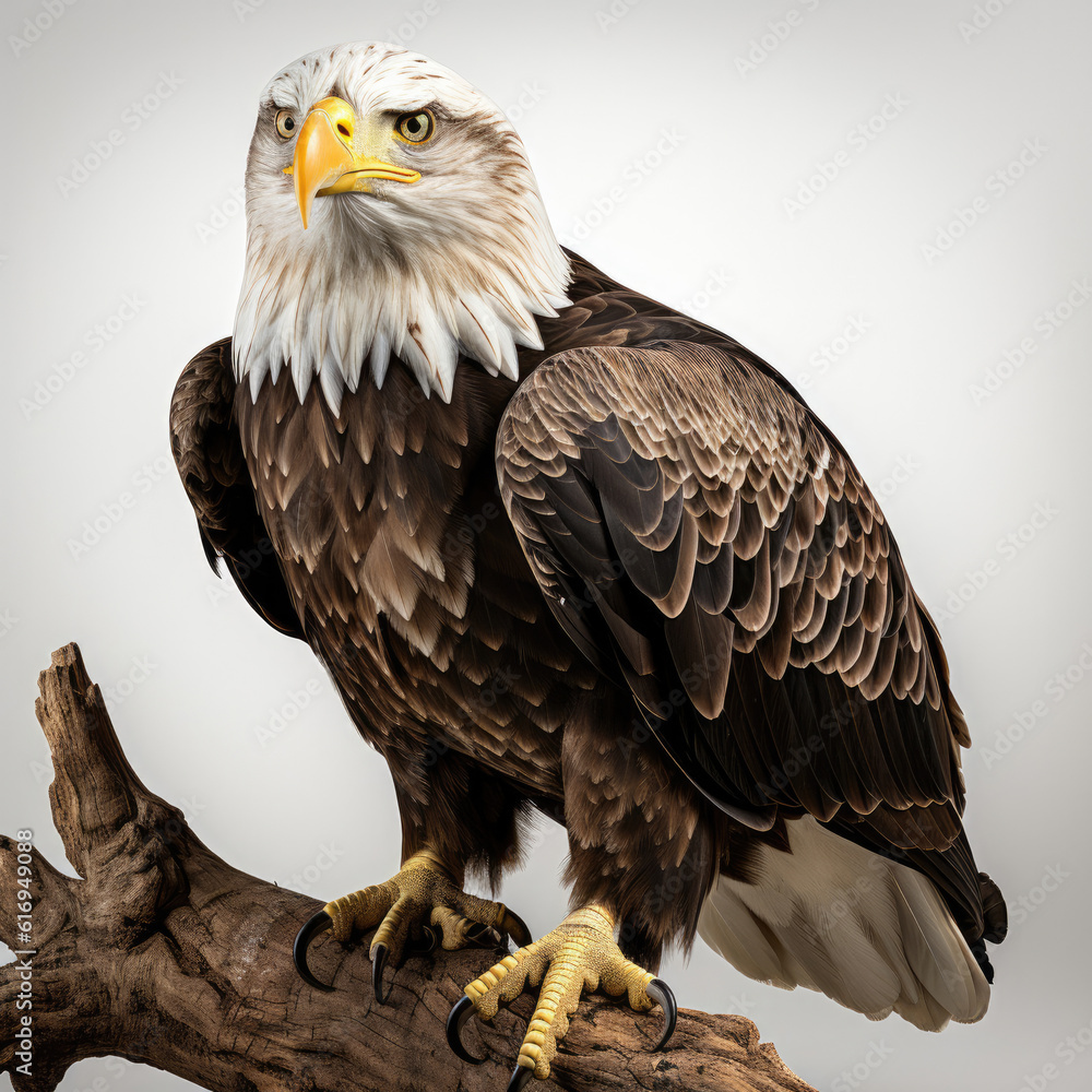Obraz premium A majestic bald eagle perched on a tree branch, displaying its intense gaze.