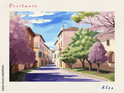 Alès: Postcard design with a scene in France and the city name Alès