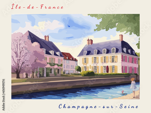 Champagne-sur-Seine: Postcard design with a scene in France and the city name Champagne-sur-Seine