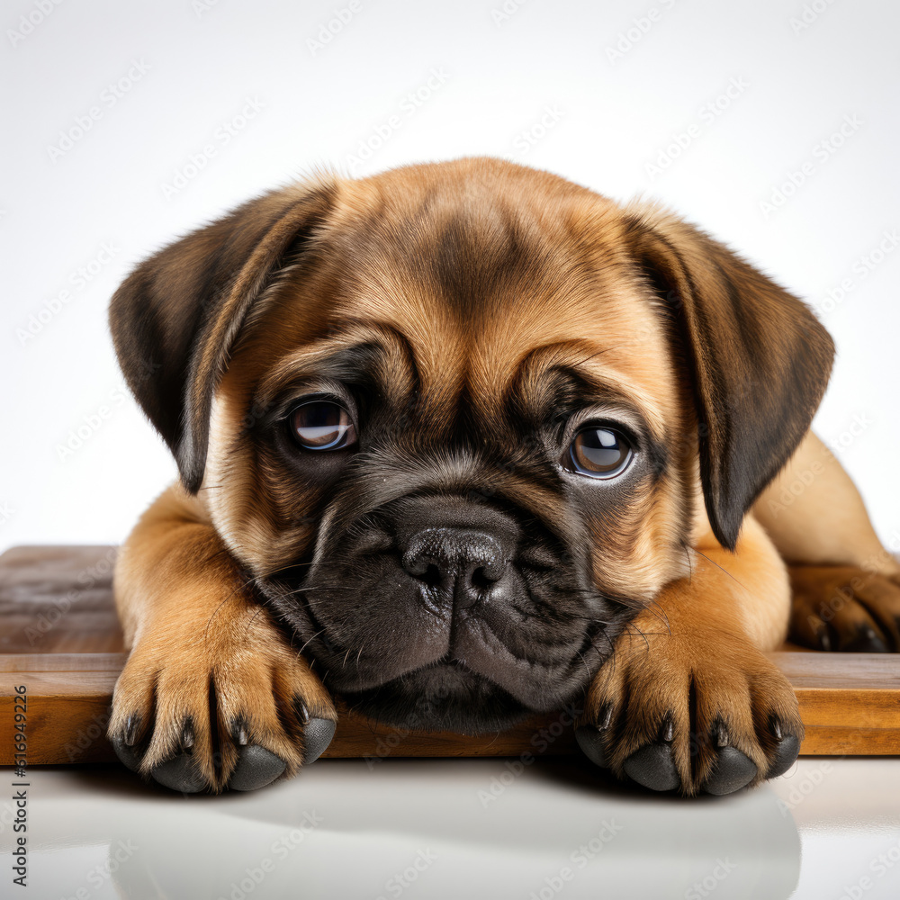 A sleepy Pug puppy (Canis lupus familiaris) lying down in a cozy position.