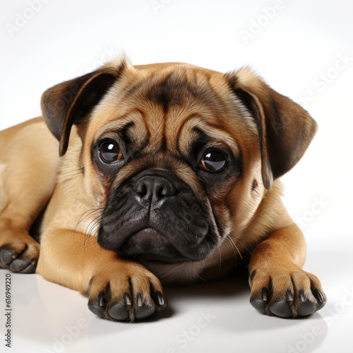 A sleepy Pug puppy (Canis lupus familiaris) lying down in a cozy position. © blueringmedia