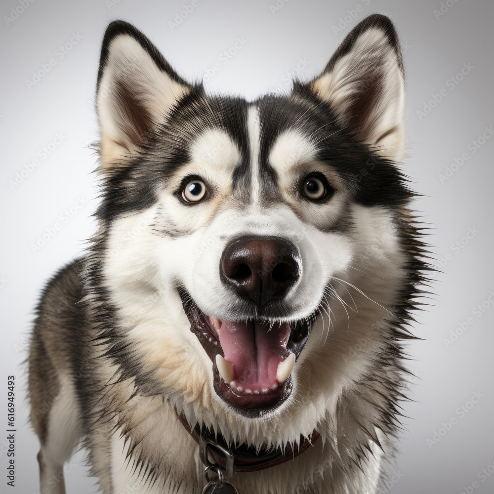 A Siberian Husky (Canis lupus familiaris) with dichromatic eyes in a jumping pose. A Siberian Husky (Canis lupus familiaris) with dichromatic eyes in a jumping pose.