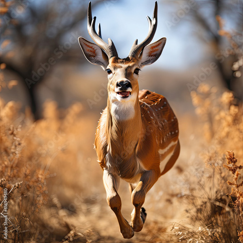 A swift antelope (Antilopinae) gracefully leaping across the grassland. Taken with a professional camera and lens.