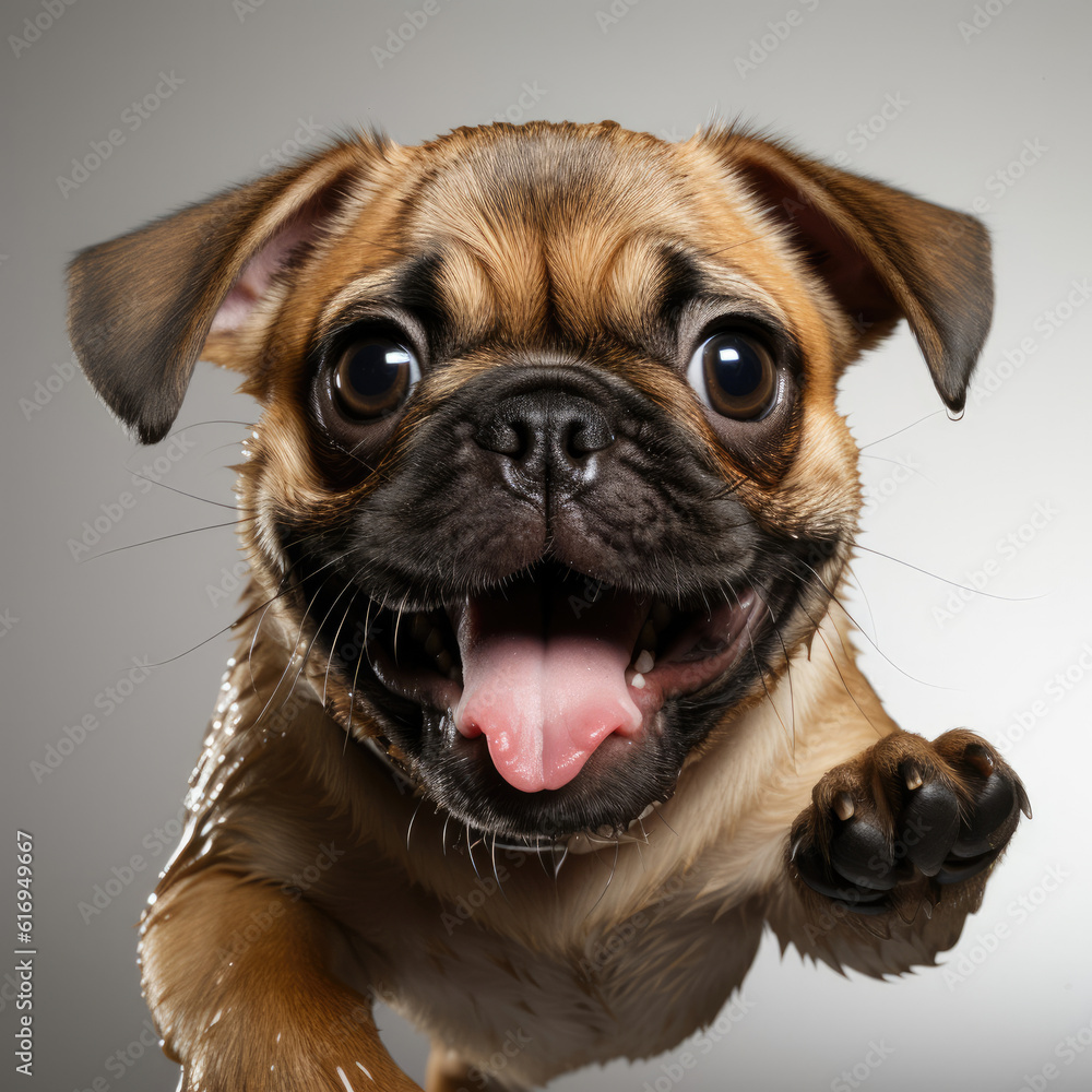 An energetic Pug puppy (Canis lupus familiaris) jumping up in excitement.