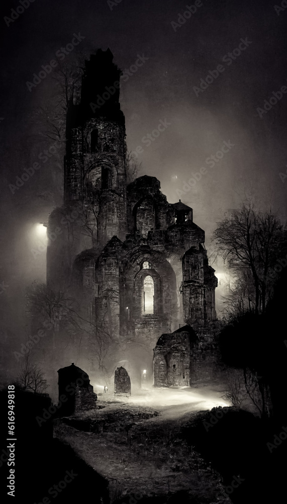 Old photo with creepy cemetery and abandoned church ruins. Mystic gloomy scene. Generative AI.