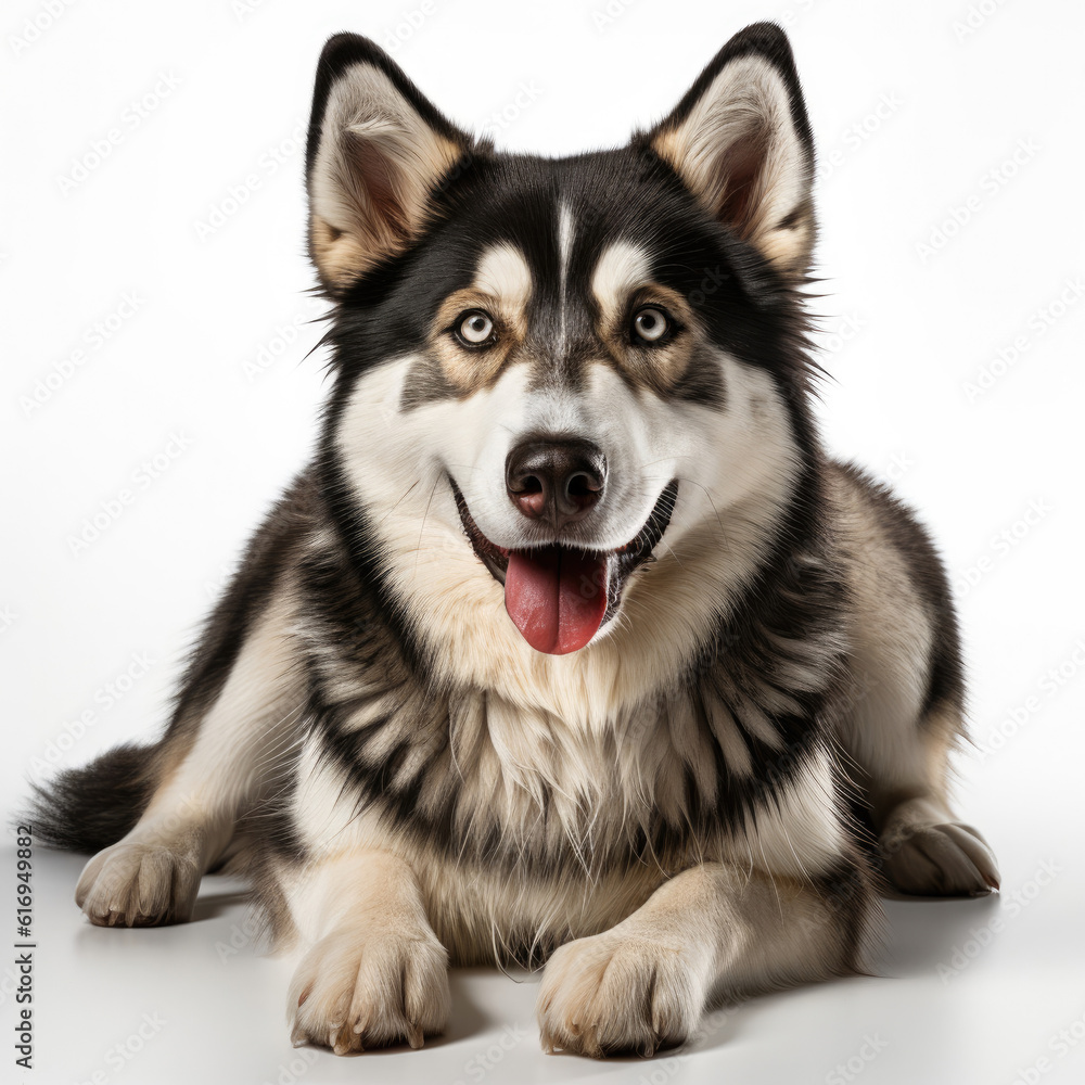 A Siberian Husky (Canis lupus familiaris) with dichromatic eyes posing elegantly.
