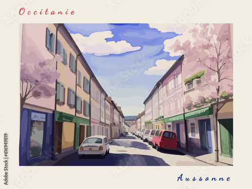 Aussonne: Postcard design with a scene in France and the city name Aussonne